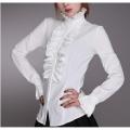 Victorian Flounce Blouse Women OL Office Ladies Business White Shirt High Neck Frilly Ruffle Cuffs Shirts Female Blouses.