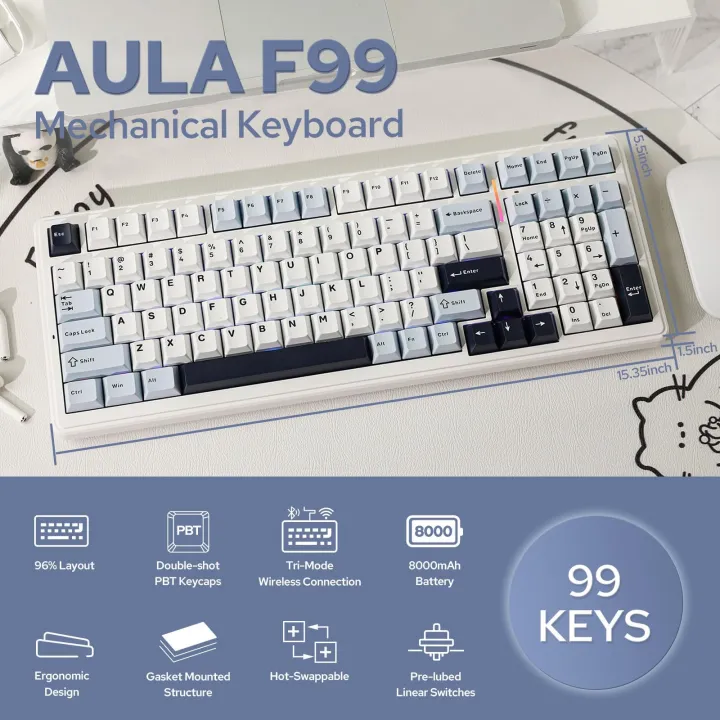 AULA F99 Wireless Mechanical Keyboard Hot Swappable Custom Keyboard Linear Switches Gasket Structure RGB Backlit Gaming Keyboard