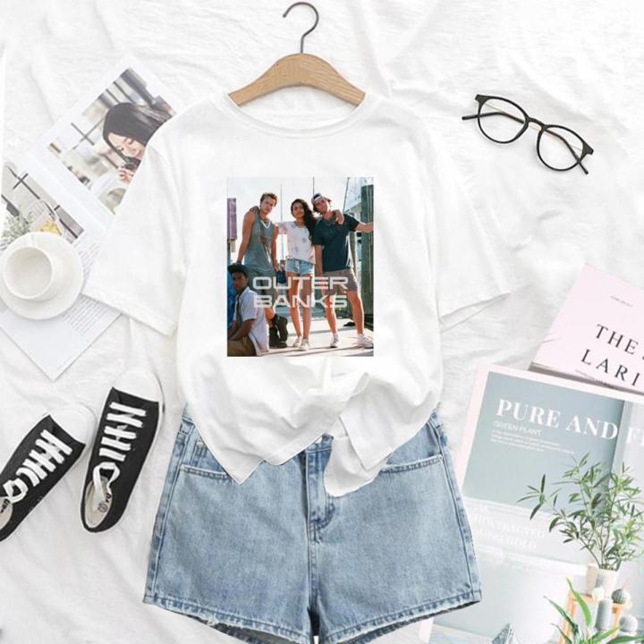 Pogue Life Outer Banks Women T Shirt OBX Shaka Hand Short Sleeve Harajuku Lady Girls 90s White T-shirt John B Letter Tops