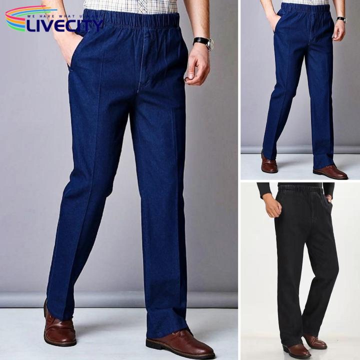 Men High-stretch Jeans Comfortable Slim Fit Men's Jeans with Elastic Waist Pockets Perfect for Mid-aged Fathers Ankle-length Casual Trousers Soft Men Jeans