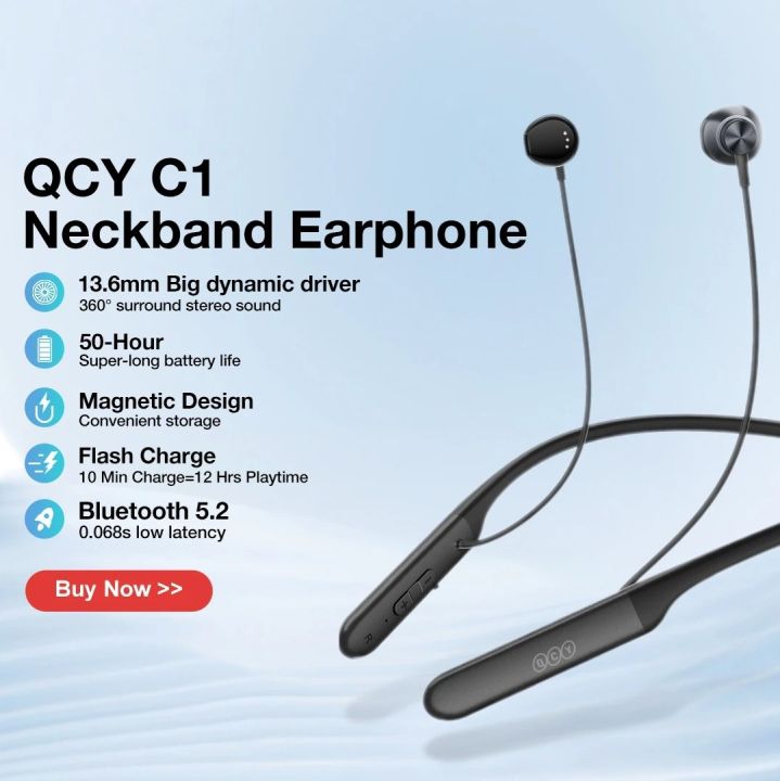 QCY C1 Bluetooth 5.2 Low Latency 13.6mm Driver Stereo Magnetic Neckband Wireless Earphone