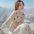 Knitting Maxi Dresses for Women Female Korea Style Slim Embroidery Warm Wool Long Sleeve Woman Dress Party 2022 Autumn Winter. 