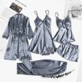 5PC Silk Robe Sleep Suit Womens Lace Satin Pajamas Gown Set V-Neck Cami Nighties Wear Pijama Home Nightwear Spring Nightdress.