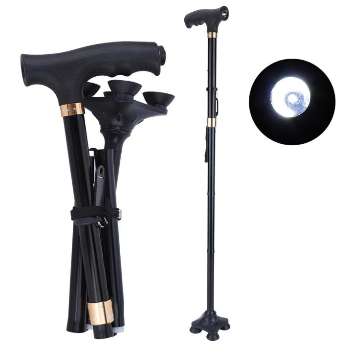 Adjustable Folding Can Aluminum Alloy Anti-Slip Walking Stick with LED Lights for the Elderly - Sturdy and Convenient Support Aid