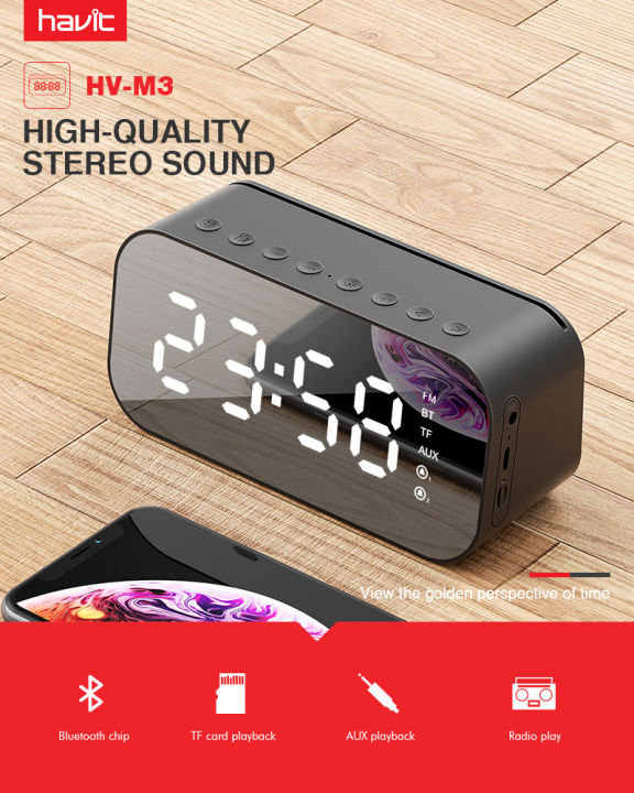 (LOGIC GADGET ) Havit M3 LED LCD Screen Wireless Speaker Bluetooth Speaker with Dual Alarm Clock 6-Hour Play Time Real-time Temperature Support Aux TF USB Music Player LED Display With FM Radio