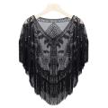 Women 1920s Sequined Shawl with Tassels Beaded Pearl Fringe Solid Color Sheer Mesh Wraps Gatsby Flapper Bolero Cape Cover Up. 
