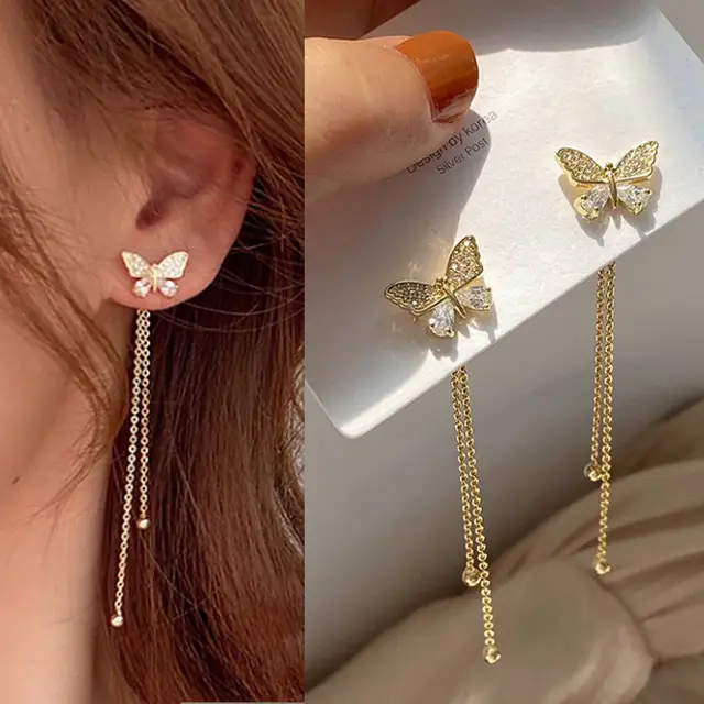 New Women Long Tassel Earrings Butterfly Rhinestone Earring S925 Silver Needle Elegant Geometric Hanging Earring Jewelry