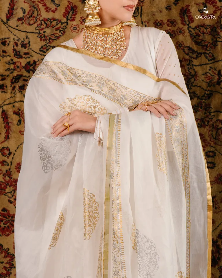 GULBAHAR White & Golden Premium Anarkali Dress | Daraz.com.bd