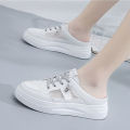 Korean Soft Leather2023New Summer Half-Support White Shoes Women's Shoes Thick Bottom for Outdoors Lazy Sandals Closed Toe Casual. 