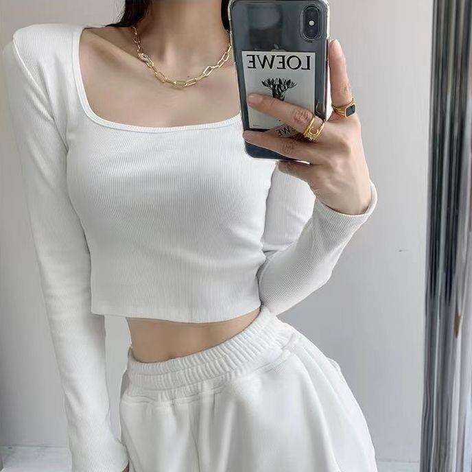 Square neck long sleeved T shirt for women wearing spicy girl style exposed collarbone short and slim fit bottom shirt with versatile ins top inside