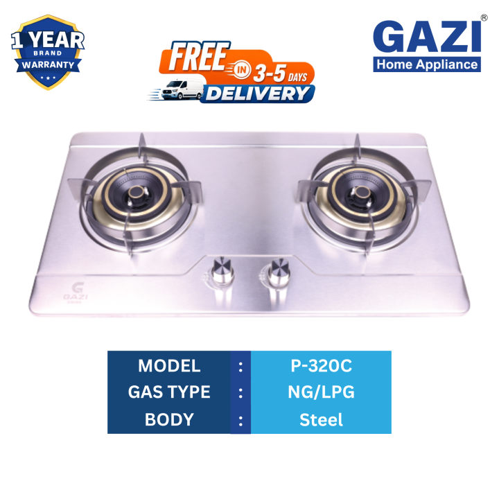 P-320C - Gazi Smiss Double Burner Auto Ignition- Stainless steel Body- Brass Burner- NG/LPG Compitable