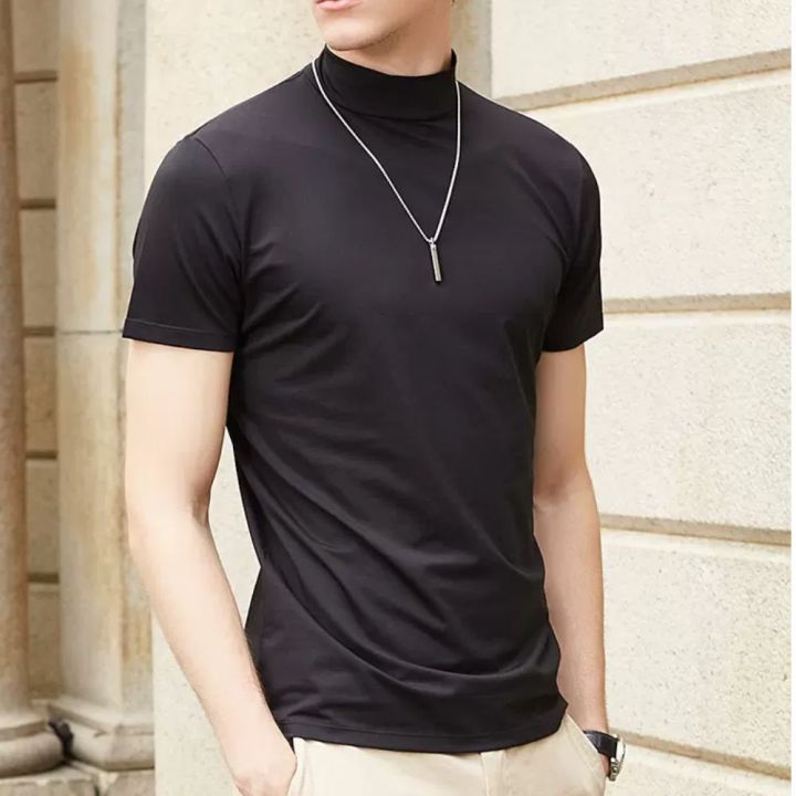 Fashion Men's Slim Body T-Shirt Short Sleeve Basic Turtleneck Half High  Collar Pullover Thin Top Basic Bottoming T Shirt For Men