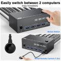 USB 3.0 KVM switch with three inputs, two outputs, and dual monitors - black.