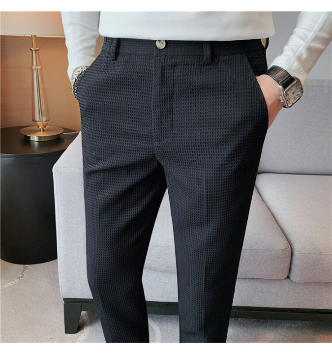Men Business Dress Pants Korean Slim Fit Office Social Suit Pants Black ...