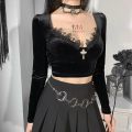 Goth Black Long Sleeve Corset Crop Tops Women Aesthetic V-Neck Velvet Lace Mesh T-Shirts Y2K Harajuku Vintage Fashion Tops. 