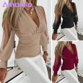 Mesh Sleeve Top Deep V Neck Mesh Patchwork Blouse for Women Stylish Ol Commute Shirt with Beaded Detailing Slim Fit Long Sleeves Women Slim Fit Shirt.