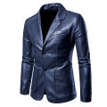Black Single-button V-neck Blazer Jacket Men's Fashion Casual Coat PU Fabric Large Size M-5XL Outer Flap Pocket Decoration.