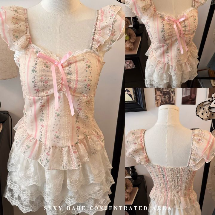 Imported%20Korean%20pure%20desire%20sweet%20pastoral%20style%20camisole%20small%20vest%20women's%20summer%20small%20flying%20sleeve%20floral%20tube%20top%20lace%20beautiful%20back%20free%20size%20-%20Image%203