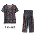 Mom Summer Clothes Ice Silk Two-Piece Suit Middle-Aged and Elderly Women's Clothing Stylish Trendy Top Middle-Aged Women Summer Grandma's Suit.