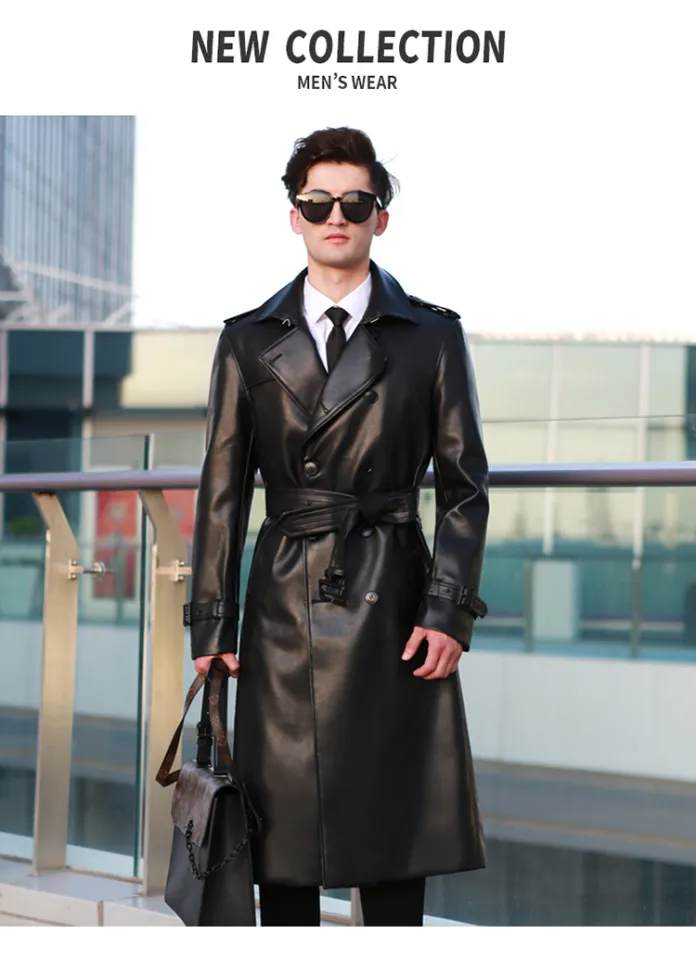men's leather trench coat long knee length double breasted classic