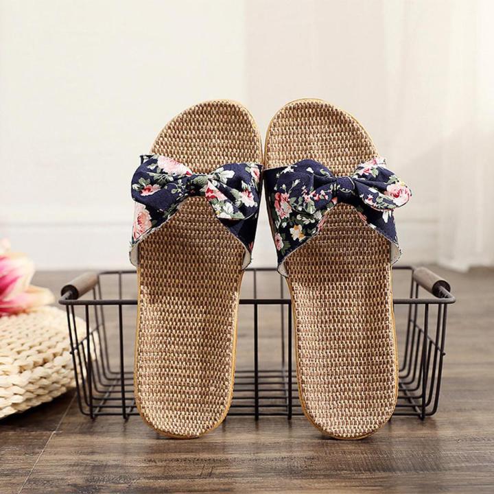 Women Female Bohemia Bowknot Flax Linen Flip Flops Beach Shoes Sandals Slipper