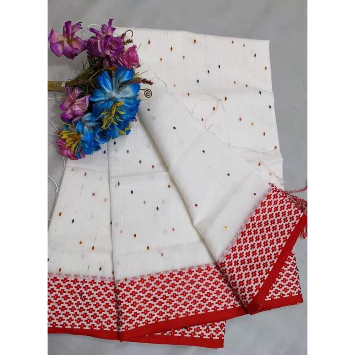 Puja Special White & Red Colour Noyon Tara Khesh Saree For Women - Sari