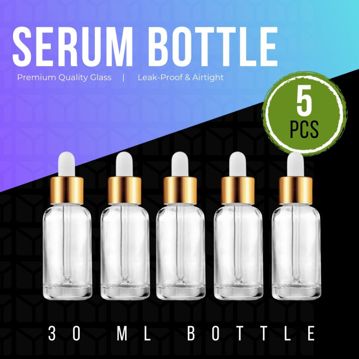 30ml Clear Transparent Glass Dropper Bottle with Golden White Cap - Perfect for Essential Oils, Face & Beauty Serums- 5 pcs