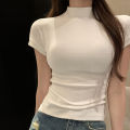 Pure Desire White Half Turtleneck Shoulder Knitted Short Sleeve T Women's T-shirt 2023 Summer Tight Waist Short Hot Girl Top. 
