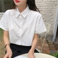Korean Fashion White Shirt Woman 2023 Cute Crop Top Preppy Button up Shirts Oversize With Tie Long/Short Sleeve. 