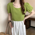 Puff Sleeve T Women's Summer T-shirt 2023 New French Style Design Low round Neck Slim-Fit Slimming Short-Sleeved Student Top. 