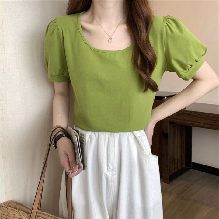 Puff%20Sleeve%20T%20Women's%20Summer%20T-shirt%202023%20New%20French%20Style%20Design%20Low%20round%20Neck%20Slim-Fit%20Slimming%20Short-Sleeved%20Student%20Top%20-%20Image%204