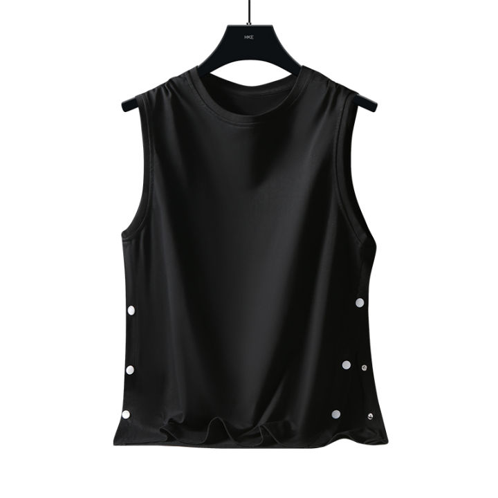 2024 New Minimalist Fashion Brand Summer Solid Round Neck Men's Tank Top Double Bonded Versatile Casual Loose Sleepless T-shirt