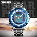 SKMEI Men Fashion Watches Solar Stainless Steel Watch Chrono Dual Display Waterproof Business Wristwatches 1493. 