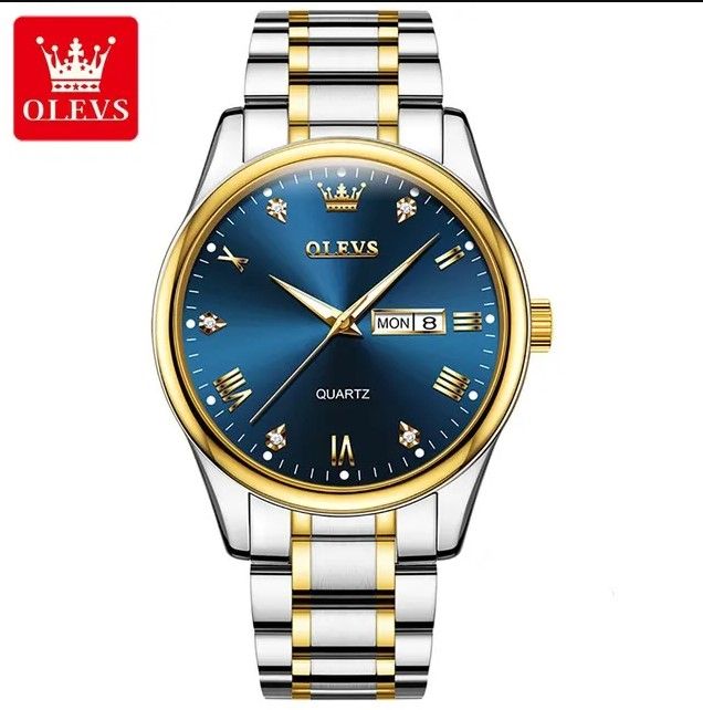 Olevs 5563G Silver & Golden Stainless Steel Analog Wrist Watch For Men - RoyalBlue Silver & Golden
