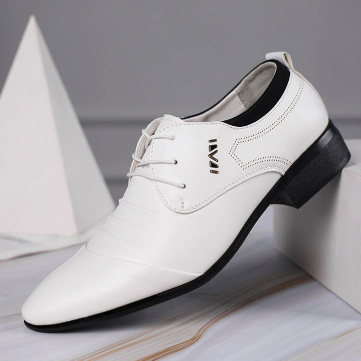 Classic Men Dress Shoes Lace-up White Leather Shoes for Man Plus Size Point  Toe Business Casual Men's Formal Shoes for Wedding KEEMEEUYZO