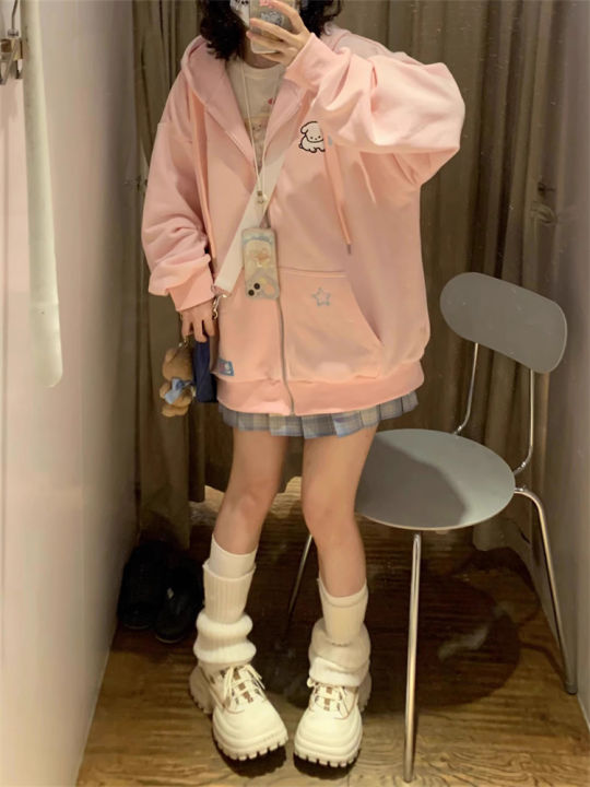 QWEEK%20Harajuku%20Kawaii%20Pink%20Zip%20Up%20Hoodie%20Women%20Japanese%20Y2K%20Sweet%20Cute%20Beige%20Fleece%20Sweatshirts%20Korean%20Style%20Girly%20Hooded%20Jacket%20-%20Image%203