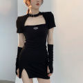 Women's Bodycon Dress Korean Version Spring Autumn Halter Hollow Out Slim Fashion Split Long Sleeves Bodycon Dress. 