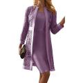 Women Outfit Solid Color Lace Cardigan Long Sleeve Knee-length Dress Coat Set for Office Coat + Vest Dress Female Two-Piece Suit.
