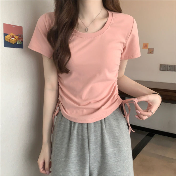 Loose%20Slim-Fit%20Short%20Sleeve%20T%20Women's%20Summer%20T-shirt%202024%20New%20Korean%20Style%20Sense%20of%20Design%20Niche%20Drawstring%20Slim%20Top%20ins%20Tide%20-%20Image%208