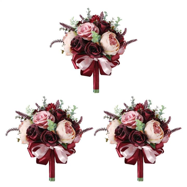 BRADOO 3X Burdy Dusty Pink Rose Bouquet - Blush Blooming Peony with Eucalyptus Perfect Bridal Wedding Flowers