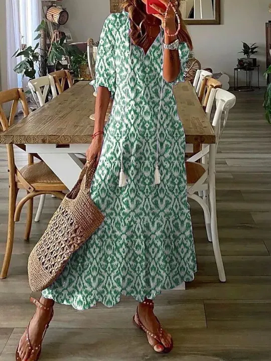 Women%20Floral%20Long%20Dress%20Retro%20V%20Neck%20Half%20Sleeve%20Dress%20Casual%20Boho%20Drawstring%20Loose%20Holiday%20Beach%20Maxi%20Dress%20Vestidos%20Femme%20-%20Image%205