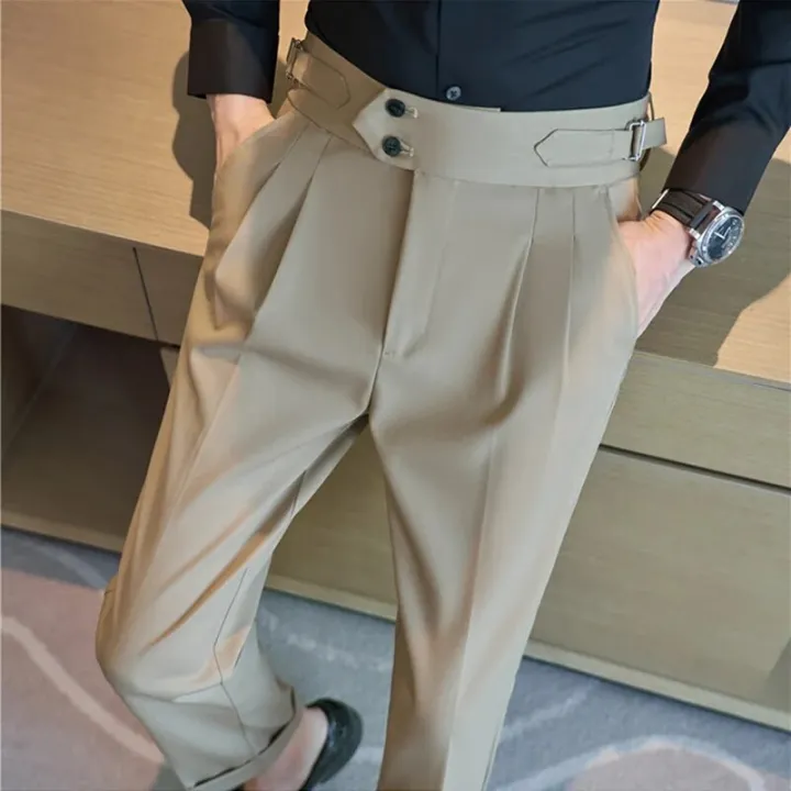 British%20Style%20Autumn%20New%20High%20Waist%20Trousers%20Men%20Belt%20Design%20Slim%20Fit%20Suit%20Pants%20Office%20Social%20Wedding%20Party%20Formal%20Pants%20Hommes%20-%20Image%203