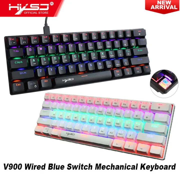 HXSJ V900 Wired 61 Keys Compact Mechanical Keyboard RGB Backlit Keyboard N-key Rollover Blue Switch Double Shot Keycaps, White