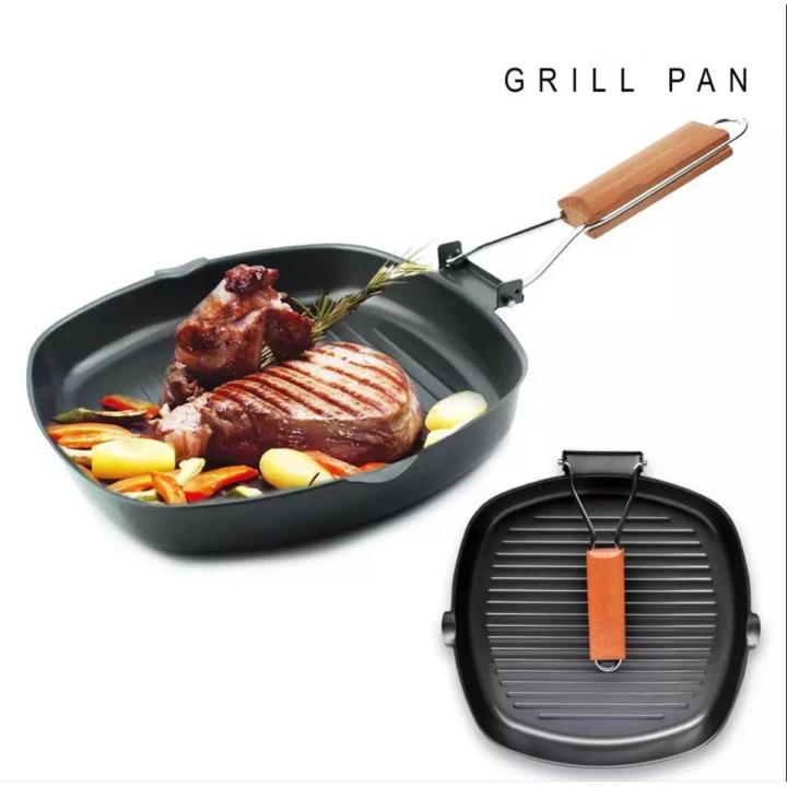 Non-Stick Grill Pan, Frying Pan Wooden Handle Folding for Kitchen Fry Cooking Steak Pans Portable Square Grill-24 Cm