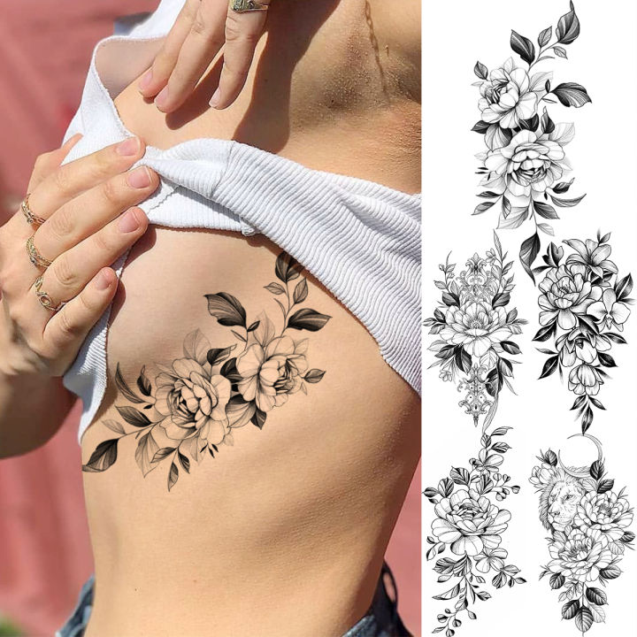 【beauty code store】Black Flower Boobs Temporary Tattoos For Women Adult Girl Rose Lion Moon Fake Realistic Body Art Tatoos Paper