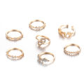 7Pcs/Set Elegant Golden Heart Love Set Rings Luxury Zircon Crystal Metal Ring. 