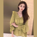 Ruffled Chiffon Shirt for Women Spring and Autumn New French Style Large Size Loose Slimming Slim-Fit Younger V Collar Pullover Top.