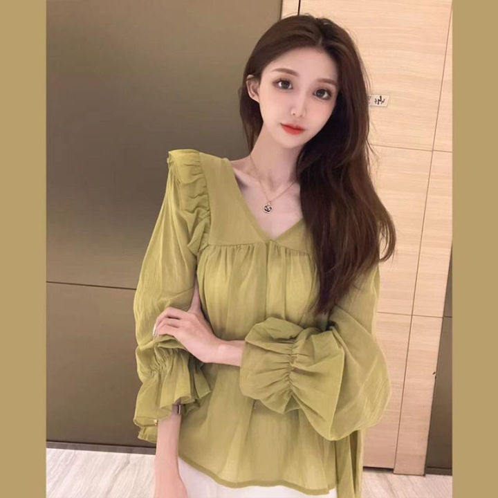 Ruffled%20Chiffon%20Shirt%20for%20Women%20Spring%20and%20Autumn%20New%20French%20Style%20Large%20Size%20Loose%20Slimming%20Slim-Fit%20Younger%20V%20Collar%20Pullover%20Top%20-%20Image%204