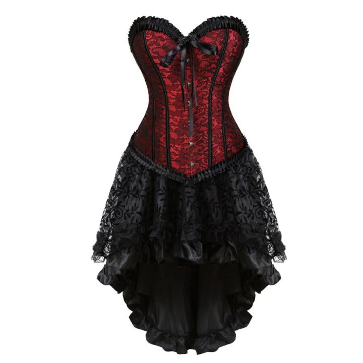 Women Lace Floral Corset Dress Victorian Vintage Corset Top Waist Cincher Bustier Gothic Asymmetrical Skirt Set Plus Size