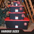 50 Gallon Snap Lid Wheeled Plastic Storage Tote, Black Base/Red Lid, Set of 2. 
